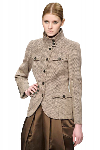 Stylish hip length formal jackets with stand up collars sporting two vertical black buttons for closure. These light brown plaid jackets have two upper pockets with flaps and buttons and two rounded lower pockets with buttoned western flaps. These stunning jackets with curved fronts put to view distinctive five contrast buttons on cuffs and five front buttons to close, all in black.