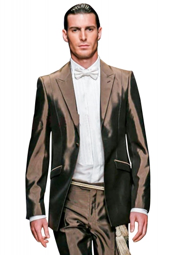 An elegant pair of custom-tailored high waisted reverse pleat suit pants with hand-sewn cuff hems matched with an elegant slim cut single breasted one button suit jacket.