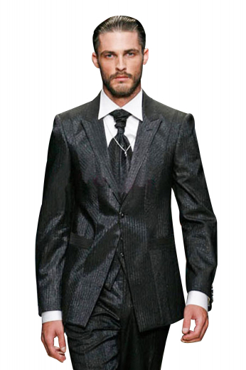 Very fashionable mens jacquard wool suit custom made with split squared quarters and one button closure - finished with 2.5 inch peak lapels in a slim and tailored fit - worn with flat front pants