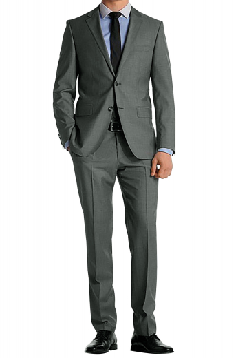 A slim cut Oxford grey wrinkle free grey suit custom tailored for the working executive. A tailor-made single breasted two button suit jacket with pressed high notch lapels, paired with low waisted flat front suit pants.