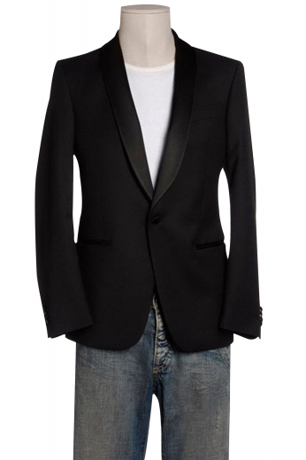 View this made to measure single-breasted one button tuxedo jacket featuring a shawl collar with satin facings, double piped lower pockets, classy embroidered sleeves, and an elegant cut-away front, all custom made.