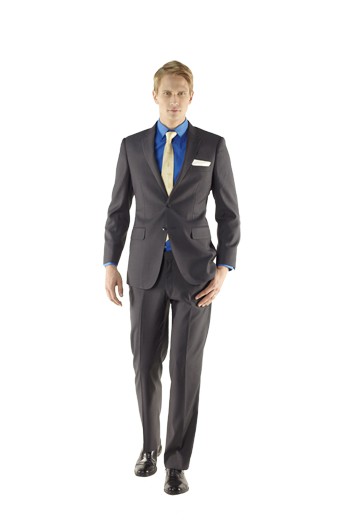 Black Suit Men's Custom Made in Rich Wool Blend - 2 button, flap pocket, notch lapel, lightly padded shoulder with plain front slim pants.