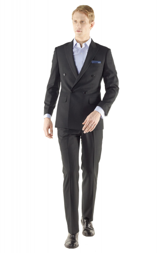 Mens custom made black wool suit in a double breasted style with a tailored fitted cut and flat front black wool pants - two over six to close jacket