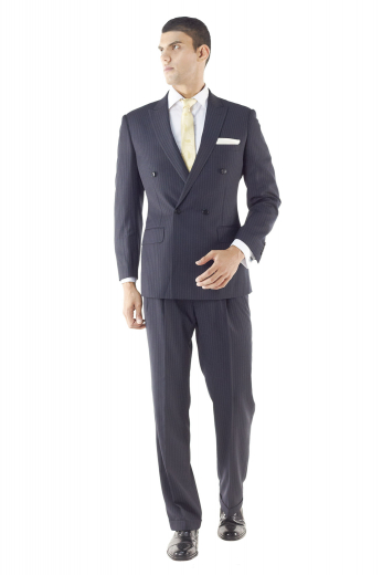 Exquisite charcoal or dark blue mens suit tailor made to perfection in a double breasted style with two buttons to close over six - matched with double pleated pants
