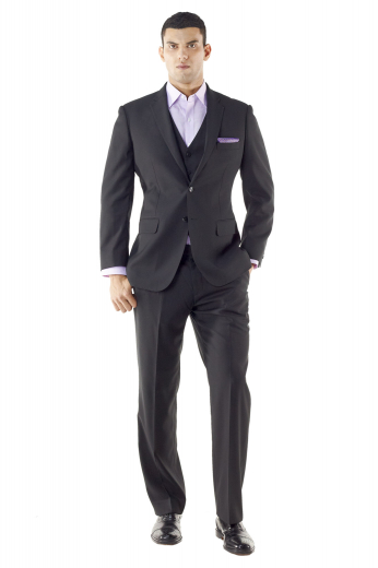 With refined features like a soft shoulder, sous bras, and tapered waistband this three piece, two button suit is the peak of sophisticated style and elegance. Pants are with plain front and classic five button waistcoat.