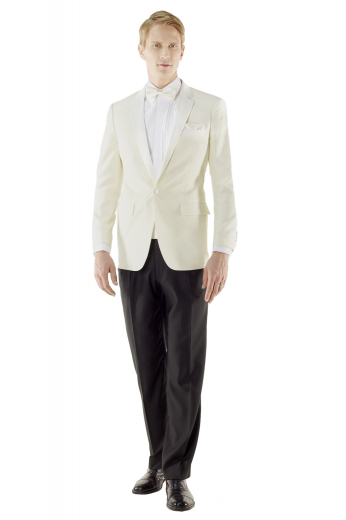 This dinner jacket is as edgy as it is elegant. Tailored to a comfortable fit, this fresh one button Jacket front features flap pockets, notch lapel, lightly padded shoulder is accompanied with black plain front pants.
