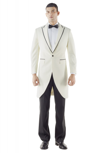 A white custom tailored men's long suit jacket with satin piping peak lapels, an upper welt pocket and lower satin besome flap pockets, paired with a pair of custom suit pants to make up a perfect black tie suit.