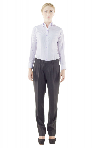 Eternally gorgeous formal black pants with eye catchy reverse double pleats. Bespoke office wears flashing two front slash pockets and extended belt loops with buttons on the waistband and a zipper fly for closure.