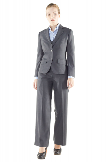 Stunning charcoal gray pant suits with slim jackets and bootcut pants. Figure flattering hip length jackets incorporate flapped slanted lower pockets, notch lapels and two front closure buttons. Flare legs suit pants display flat fronts and zipper fly for front closure. These wrinkle proof pant suits made of wool are perfect black tie formals for evening parties.