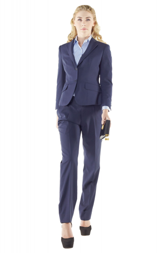 With short length jackets and full length pants, these handmade navy blue pant suits are latest trending formals. Figure flattering slim jackets have two front buttons, flapped lower pockets and hand molded shoulders. Bootcut pants with beauteous flare legs and slash pockets put to view two buttons with hooks on the waistband and a zip fly for secure closure.