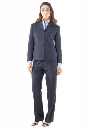 Impressive handmade black pant suits displaying slim jackets with wide notch lapels, three front buttons, double piped lower pockets and buttons on the cuffs, and bootcut flare legs pants with flat fronts and waistband buttons with front zipper fly for closure.