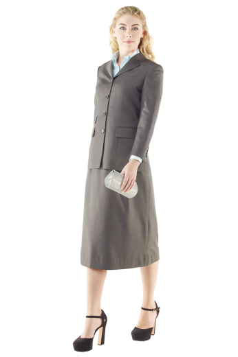 Handmade with wool and or cashmere, these made to order light gray skirt suits are tantalizing office formals for stylish ladies. Custom jackets boast four front close buttons, four buttons on sleeves cuffs, two lower pockets with cute flaps and one flapped ticket pocket on front right. The tailor made A line calf length skirts highlight flat fronts and soft waistbands for all day comfort.