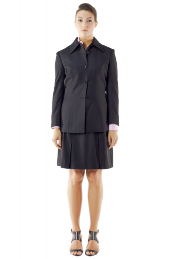 These custom made black skirt suits incorporate comfortable jackets and tailor made pleated suit skirts. With buttons on the sleeves cuffs and four front buttons to close, these handmade blazers are stylish office wears for interviews and meetings. The six panel custom tailored skirts with two side twists on the front panel and concealed side zipper on the front left look bewitching with custom vests and bespoke shirts.