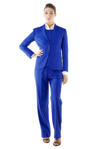 Step out gorgeously in this ravishing custom made royal blue pant suits incorporating slim cut vests with round neck and handmade six front closure buttons, flare legs custom pants flashing tailored slash pockets and zipper fly with buttons on the waistband for closure, and elegant jackets with two front buttons, slanted flapped lower pockets and made to measure hand molded shoulders.