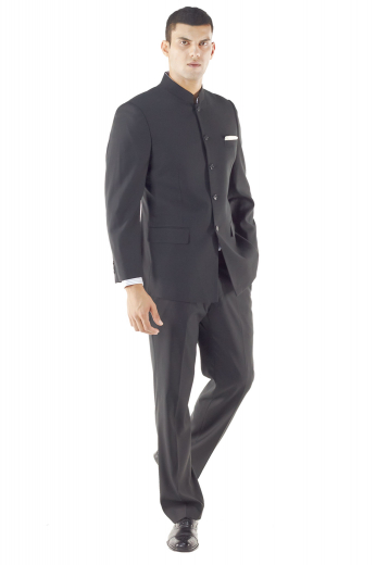 Black Mandarin Collar Style Custom Suit with Flat Front Pants in Wrinkle Free Wool Blend Custom Made with elegant cut & style. This bespoke and custom-made Nehru collar men's suit is a perfect option for just about any occasion. This tailor-made versatile five-button suit features bespoke flap pockets, Nehru collar, welted breast pocket with plain front pants.