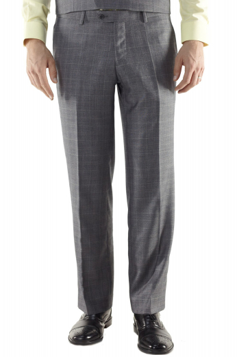 In a classic Prince of Wales check design are these sophisticated men's wrinkle resistant grey wool pants with a comfortable standard cut, a flat front pleat design, extended belt loops, and standard hand sewn cuffs. This is a great pair of pants for the office.