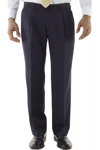 Black with lavender pinstripes, this pair of men's made to measure suit pants are made from a wool and cashmere blend that is soft to the touch and highly breathable. This custom made pair of men's pants feature great design qualities such as the classic hand sewn cuff, two back pockets, standard belt loops, handmade single standard reverse pleat and standard two-point button closure.