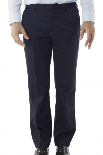 A pair of made to measure men's navy formal pants made from the finest blend of wool and cashmere. These pants with their slim fit cut and front slash pockets are elegantly designed as a workplace wardrobe stable with gorgeously had sewn cuffs.