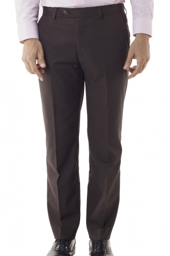 A classic bespoke men's standard fit pair of luxury pure cotton flat front suit pants with custom tailored front slash pockets, two back pockets, and handmade standard belt loops, all held up by a two-point button closure waistband in a chocolate color.