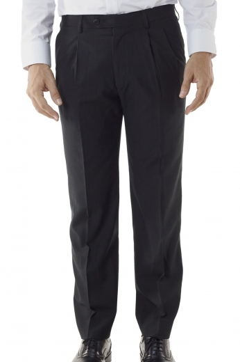 A pair of men's made to measure wool and silk pants with a handmade double pleated design in a striking black color. These tailor made single standard reverse pleat men's bespoke pants are great for formal office wear and can easily be paired with anything.

