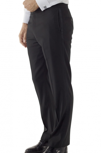 A luxury pair of men's hand tailored tuxedo suit pants with a classic standard fit, handmade classic standard waistband with side adjustable tabs, tailor made gorgeous on seam pockets, and a made to order flat front design completed by skillfully hand sewn cuffs.