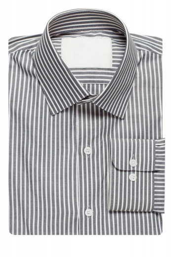 Stay classy in this custom tailored men's elegantly refined pinstripe dress shirt with a slim cut. This tailor made no pocket dress shirt features a handmade Ainsley collar, rounded barrel cuffs, plain back, plain front and custom made stylishly hand sewn standard tails.