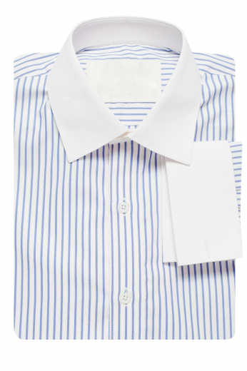 Upgrade your style with this made to measure classic slim fit no pocket men's dress shirt with a handmade elegant white Ainsley collar, a plain front and a bespoke white French cuffs.