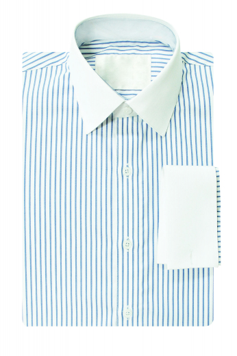 Look stunning in this made to order classic slim fit no pocket men’s dress shirt made by professional tailors and composed of white Ainsley collar, white French cuffs, squared edge cuffs, standard tails and plain front.