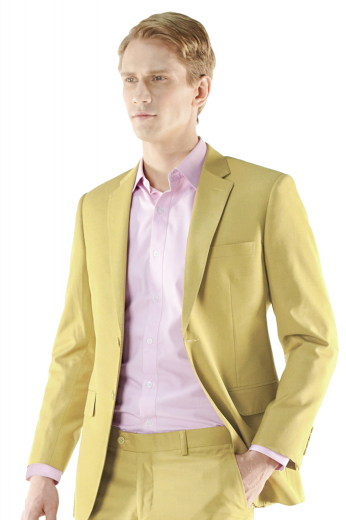 A young executive look comes off in this custom made tan men's suit jacket. This bespoke jacket sports a made to order single breast two button style with tailor made center vents and handmade standard pockets with flaps. 