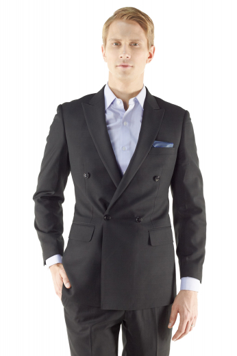 A bespoke men's suit jacket exquisitely made by skilled tailors. This double breasted four-button custom made dress jacket with one closure button and tailored rolled peak lapels will stand out at any formal event.

