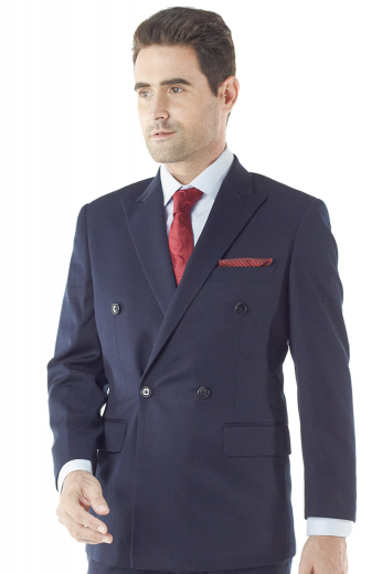 A custom tailored men's double breasted four button suit jacket with one closure button, handmade peak lapels, a boutonniere on the left lapel, an upper welt pocket, and tailored lower flap pockets all made from the finest blend of Italian wool, cashmere and gabardine.