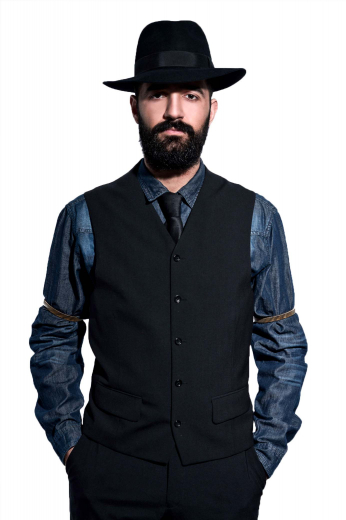 A custom tailored v-neck slim fit high gorge vest with no lapels, five custom made buttons, and a made to order adjustable back buckle. This Italian wool-blend vest is finished off by a tailor made narrow v-front.