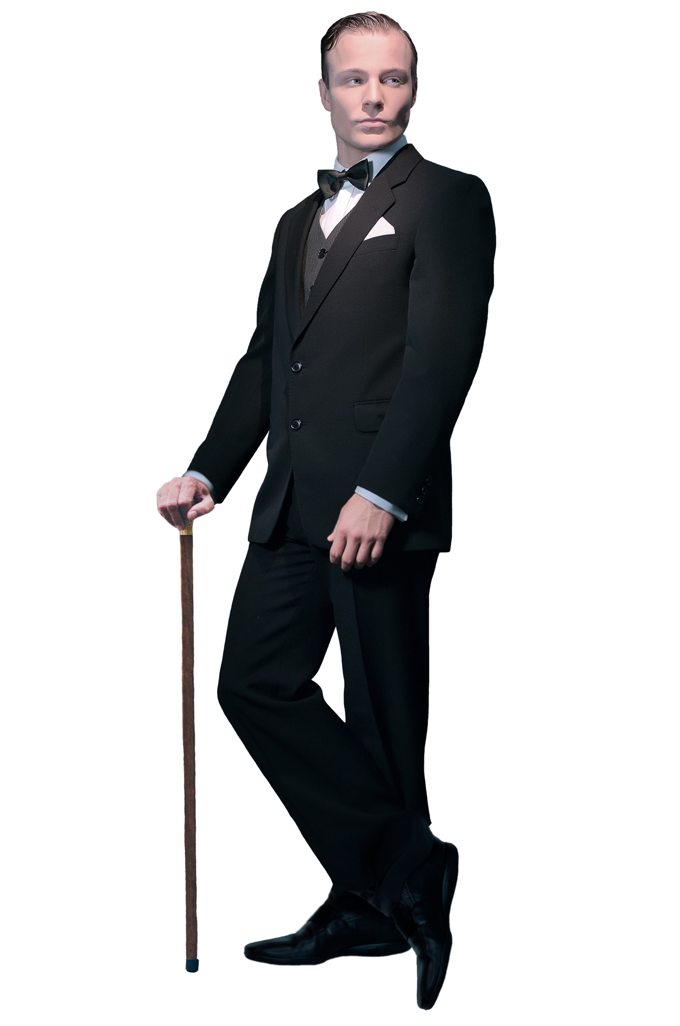 Smart and sauve is this handmade two-button notch lapel black dinner suit made with tailored gross grain lapels and made to measure three buttons on each sleeve. This elegant tuxedo is matched with custom made pleated pants.