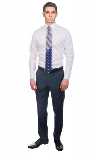 A handmade pair of elegantly tailored slim fit flat front formal pants with made to measure front slash pockets, made to order two back pockets, and a tailor made zipper fly. These skillfully tailored light navy men's pants are finished off by extended belt loops.