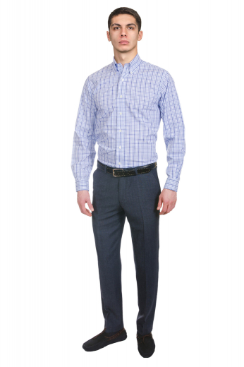 A tailor made Italian wool, cashmere, and gabardine blend light navy dress pants with a flat front design. These great custom made pants have handmade front slash pockets and tailored hand sewn cuff hems.