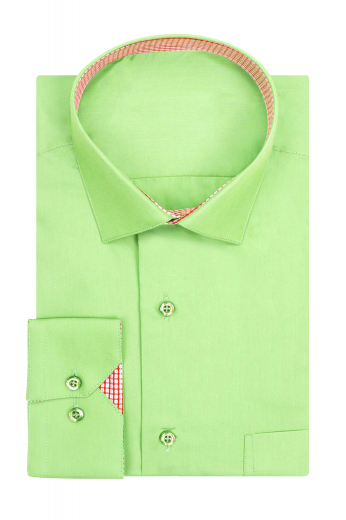 Modern lime green custom shirt for men. Built with one made to order pocket, custom tailored red check contrast neck and tailor made cuff trimming.