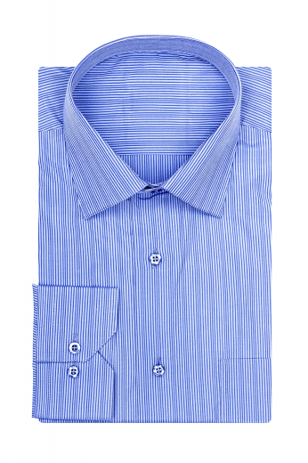 Tailor made mens shirt in blue gorgon stripes. It features one tailored pocket, made to measure metered barrel cuff and custom tailored French front.