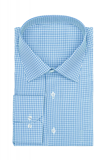 A custom made comfortably cut pure cotton work of art. This elegant tattersall bespoke men's shirt has a tailor made semi-spread collar with a side pocket, a handmade plain front and back, and made to order rounded barrel cuffs.