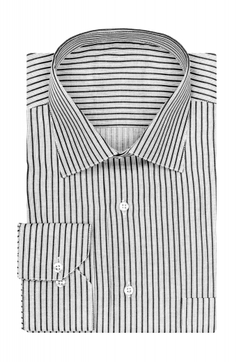 This mens long sleeve bespoke cotton shirt, grey with black stripe, comes with one pocket, tailored cut away barrel cuff, handmade semi spread collar and made to measure French fly.

