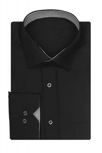 Beautiful in Black - this cotton shirt for men is long sleeved, has one pocket and contrast trimmed collar and inner cuff with trimming.