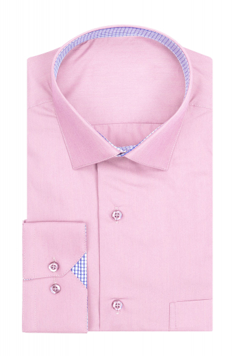 A made to measure cotton broadcloth dress shirt with a comfortable cut made for you. This tailor made semi-spread collar shirt has a handmade plain front and plain back, with a made to measure pocket on the left.

