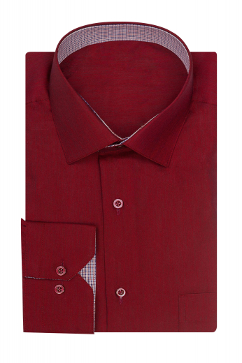 A bespoke burgundy shirt for classy men. Made with fine cotton, this long sleeve tailored one pocket French fly, handmade contrast trimmed collar and cuff shirt is custom made to measure by our expert tailors for the perfect fit.
