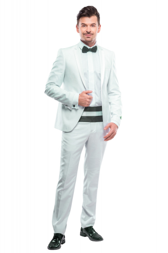 Peak lapel men's white tuxedo with handmade one button and made to measure curved quarters - paired with custom tailored flat front pants in a sophisticated and modern look.