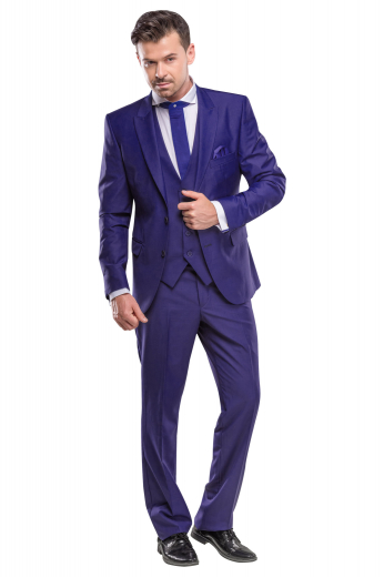 Slim cut young Turk look two button slim peak lapel three piece mens blue suit - four button vest and tapered leg flat front pants