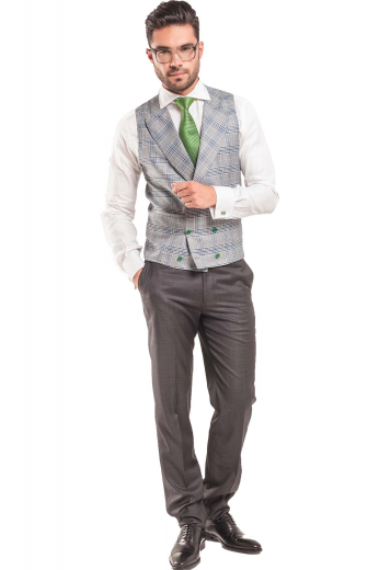 A pair of custom tailored men's pants made with a slim cut flat front design. These skillfully tailored medium grey pants are made up of a fine blend of cashmere, gabardine, and wool.