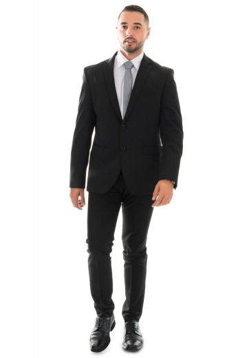 This made to measure mens suit has been made in a black wool for all year wear. Custom made with two buttons and single vent worn with slim fit narrow leg pants for a youthful silhouette.