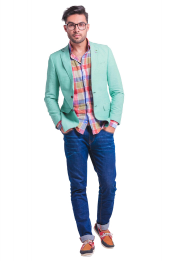 This handsome mens custom made light turquoise jacket in cashmere wool features 2 notch lapels, 2 lower pockets with flaps, and 1 upper welt pocket. With top stitching on the lapels and edges, this mens made to order slim fit dinner jacket also features 2 boutonnieres on the left lapel and 2 front close buttons. You can buy this mens bespoke slim fit turquoise jacket, with a center vent and 2 notch lapels, at My Custom Tailor at super affordable rates. 
