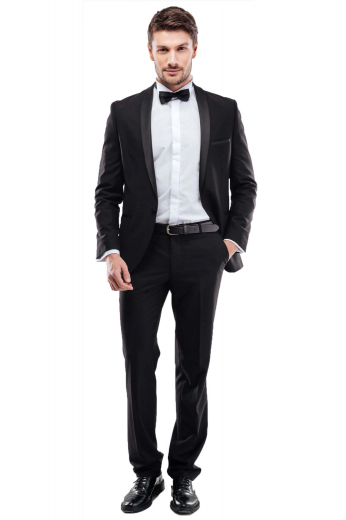 A tailor-made classic tuxedo skillfully tailored for dinner parties and special functions. This men's tux is made up of a pair of slim fit flat front pants, completed by a single breasted one button suit jacket.