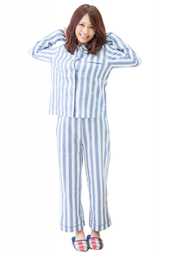 This super comfortable womens custom made striped cotton night suit comes from the premium range of affordable handmade garments at My Custom Tailor. This womens tailor made white night suit with blue stripes features a bespoke loose fit night shirt and handmade striped pyjamas. The womens custom made full length pyjamas with blue stripes have an elastic waistband. The womens bespoke night shirt has a rounded point collar, a flat front, a squared bottom, and 1 standard pocket on the left.