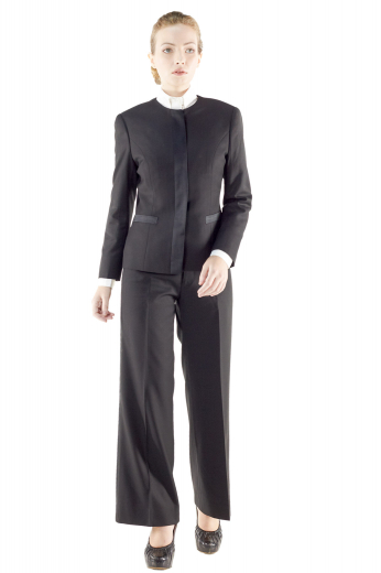 Style no.15912 - This super trendy womens handmade black tuxedo suit in wool - featuring a tailor made slim fit jacket and custom made baggy pants - gives a never-seen-before kind of formal look. The womens tailor made suit pants have a flat front, 2 on-seam front pockets, 2 beautifully hand sewn cuffs hems at the bottom, a zipper fly, and a 2 point button and hook closure. The womens bespoke tuxedo jacket is a show stealer with a princess dart front and back, 2 lower welt pockets, a rounded collar, and 5 front close buttons.